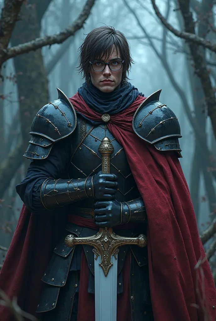 knight without helmet, white skin, brown eyes, , white sword , black and red armor, medium dark brown hair, glasses, battle wounds, forest, officer, blue lighting, dark fantasy art