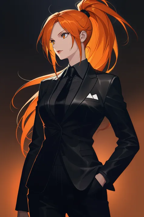 anime screencap, masterpiece, best quality, amazing quality, very aesthetic, newest, 1woman, solo, orange hair, high ponytail, glasses, black suit, tall, highres