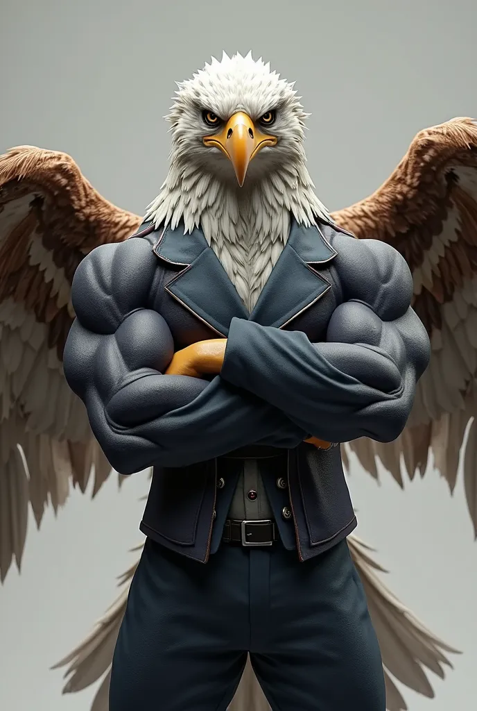 Eagle with muscular arms crossed in current clothing