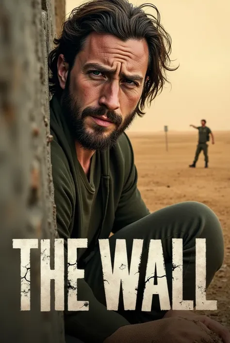 Create a tense and minimalist poster featuring a lone soldier, Aaron Taylor-Johnson, crouched behind a crumbling wall in a barren desert landscape. His face is streaked with dirt and sweat, his eyes filled with fear and determination. In the distance, a fa...