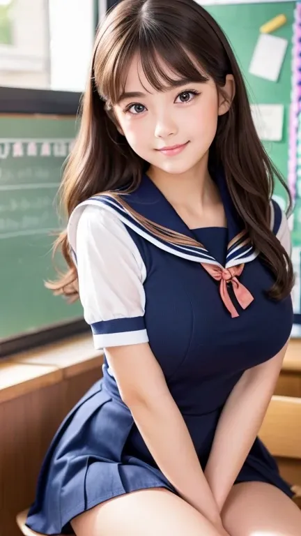 (( schoolgirl in sailor suit)), 1 girl, Beautiful Detailed Eyes, beautifully detailed lips, very detailed eyes and face, long eyelashes, beautiful young woman,  high school student,  small smile , ((( School classroom background))), brown hair, long hair, ...