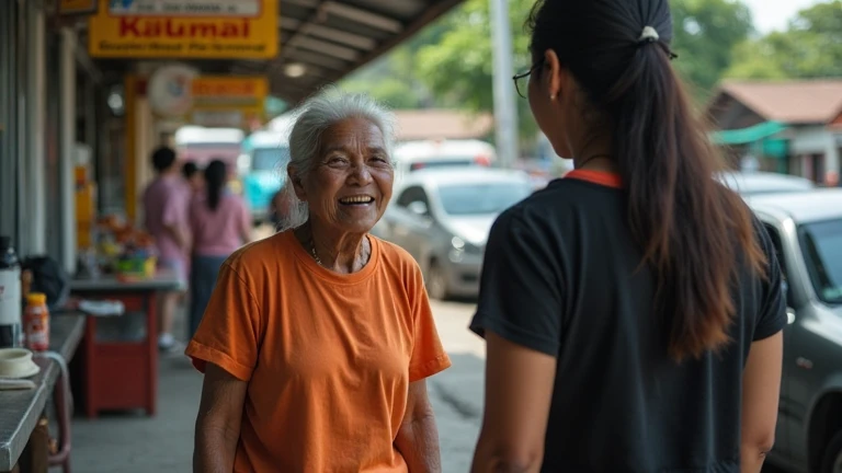 Beautiful Indonesian woman 50 years old, decomposed white hair, wearing orange t-shirt, talking to woman in black t-shirt facing camera, surrounded by mystical atmosphere, Backdrop stall at bus terminal,  daytime atmosphere. hyper-realistic, high contrast,...