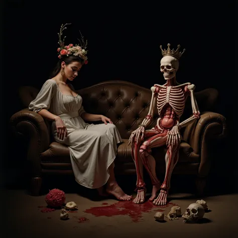 "(the best lighting, HIGH CONTRAST, dark, dramatic),(Woman next to a viscera phallus glans giant robot CENOBITE, flower, Crown, fetus, autopsy, human bones, Blood on the Beach, sofa). Light Caravaggio"