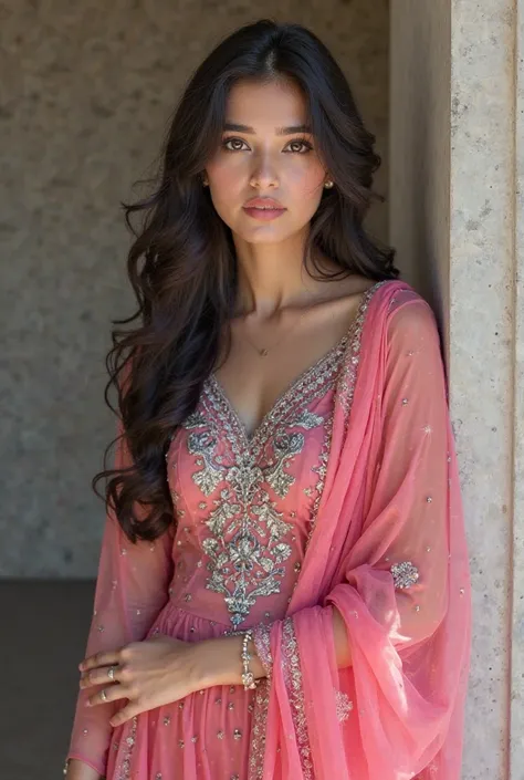 A beautiful girl wearing pink Pakistani lenhga dress with silver embroidery 