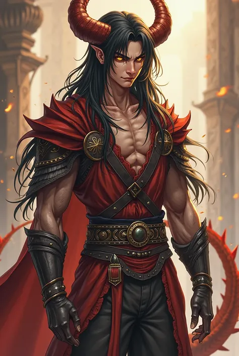  in anime style , A human with dragon parts, Like tail and horns, without wings, looking more human than dragon, with scales around the body, long black hair, a tanned skin , Golden eyes, leather armor-style clothing, with medieval pants and a dragon's tai...