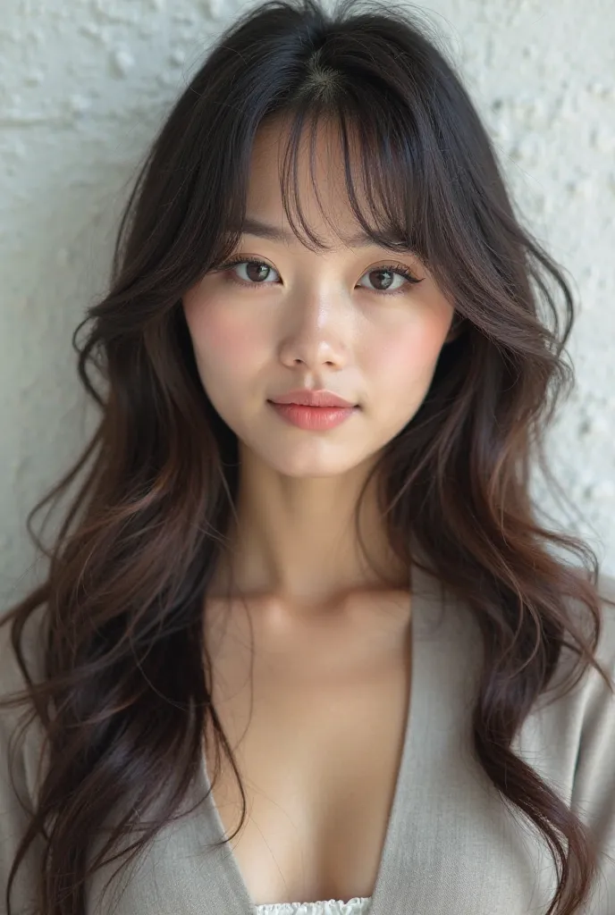 Salon Styling、 photo style 、30th Generation、beautiful Japanese woman、 white wall background、natural makeup、 shiny hair、casual clothes、Longer bangs、front、straight hair