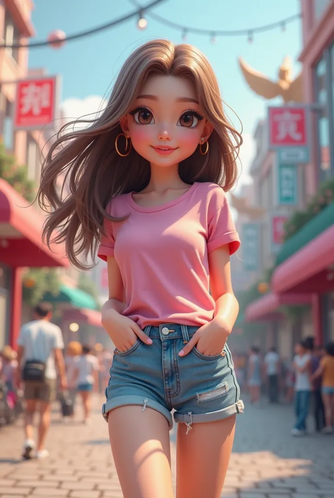 , s, 3d drawing, brown hair to the shoulder,  pretty and cute face , In pink t-shirt and denim shorts, white tennis, on a cheerful city background