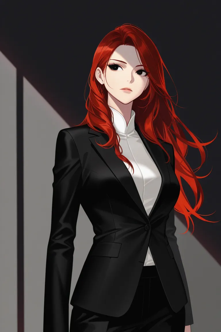 anime screencap, masterpiece, best quality, amazing quality, very aesthetic, newest, 1woman, solo, red hair, long hair, black eyes, black suit, tall, highres