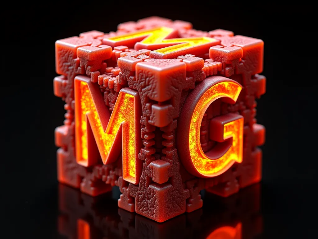 Make a cube, with reddish orange details, and on the sides the letter (Mg) is written in an ultra detailed style, the letter Ne is in the middle of the cube, the letter (Mg) is ultra detailed with ancestral marks, and all sides show the letter (Mg), the (M...