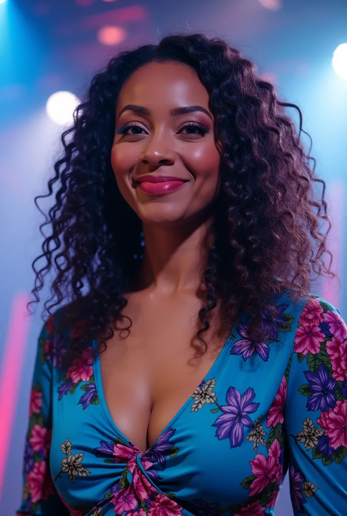 a comedian woman, standing on a stage, with a confident expression, wearing a vibrant dress, surrounded by a dimly lit theater with spotlights, 4K, high quality, professional photography, dramatic lighting, cinematic, vivid colors, intricate details