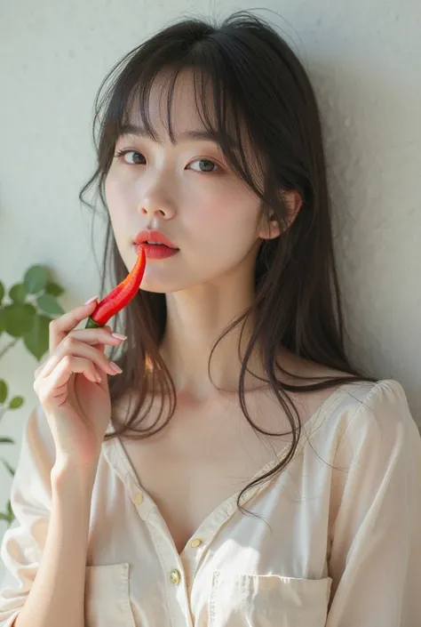 Salon Styling、 photo style 、30th Generation、beautiful Japanese woman、 white wall background、natural makeup、 shiny hair、casual clothes、Longer bangs、front、straight hair、Hot Pepper Beauty