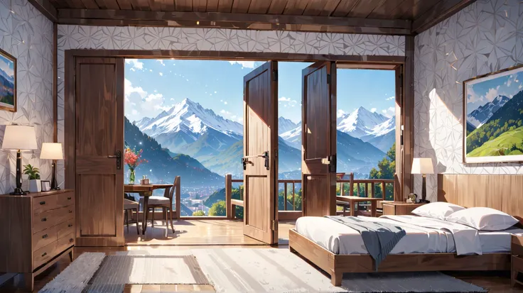 Bedroom, White patterned wall, a wood door in the left, the bed next to the wood door, bacony with mountain view, [(blurred background:1.2)::0.2], (indoor background:1.2), newest, highres, illustration, incredibly absurdres, ultra detailed, masterpiece, be...