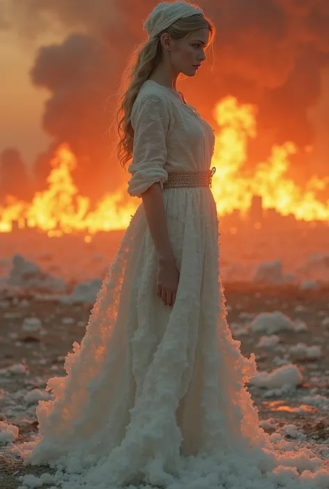 Image of a woman transformed into a salt statue, with a distressed and static expression, looking back. She is in a desolate setting, with the background showing a city in flames and in complete destruction. The sky is orange and burning, reflecting the in...