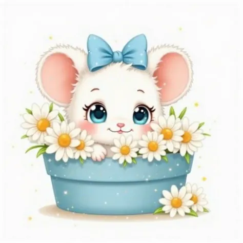 An illustration in the style of Disney kawaii, a cute little white fluffy cartoon mouse with a blue bow, with large, huge round blue expressive eyes, a smile, very long eyelashes, a sparkle in his eyes, lies in a hatbox, a blue litter, holding in his paws ...