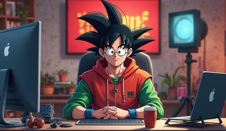 Create a vibrant and highly exciting Goku anime with a smart look, He is sitting in front of a . wearing a red and green hoodie with the channel name "Mohamed Animation". Settings include a microphone and laptop on the desk. تتضمن الخلفية شعار YouTube كبير...