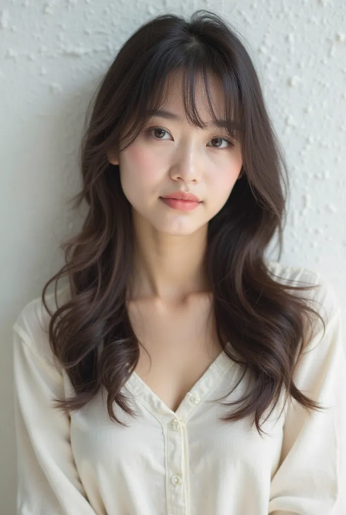 Salon Styling、 photo style 、30th Generation、beautiful Japanese woman、 white wall background、natural makeup、 shiny hair、casual clothes、Longer bangs、front、straight hair、Straight Style