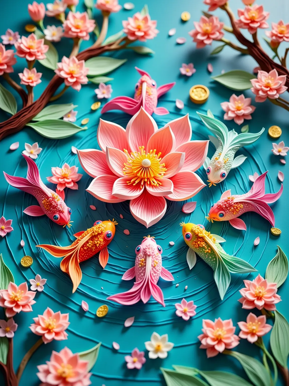 (paper art, Quilted paper art, geomerty), In the center of the clear water, a single, delicate, crystal-pink lotus flower blooms. Six vibrantly colored baby koi fish, arranged head-to-tail, form a perfect circle around it. The scales of the koi shimmer wit...