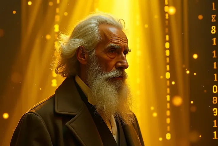 Make an image showing the face of Samuel Finley Breese Morse in an epic and very legendary environment with yellow colors that the environment has to do with decoding hidden messages, binary transmission and communication 