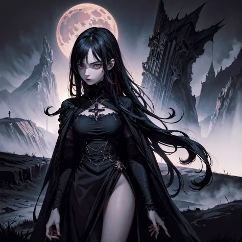 1girl, long black hair straight down, black blank eyes, wearing damaged dark witch dress, center, standing, shot from head to knee, angry face, most of her face is covered by hair and shadows, low light, bow head, dark hollow room with no light, UHD, 8K, U...