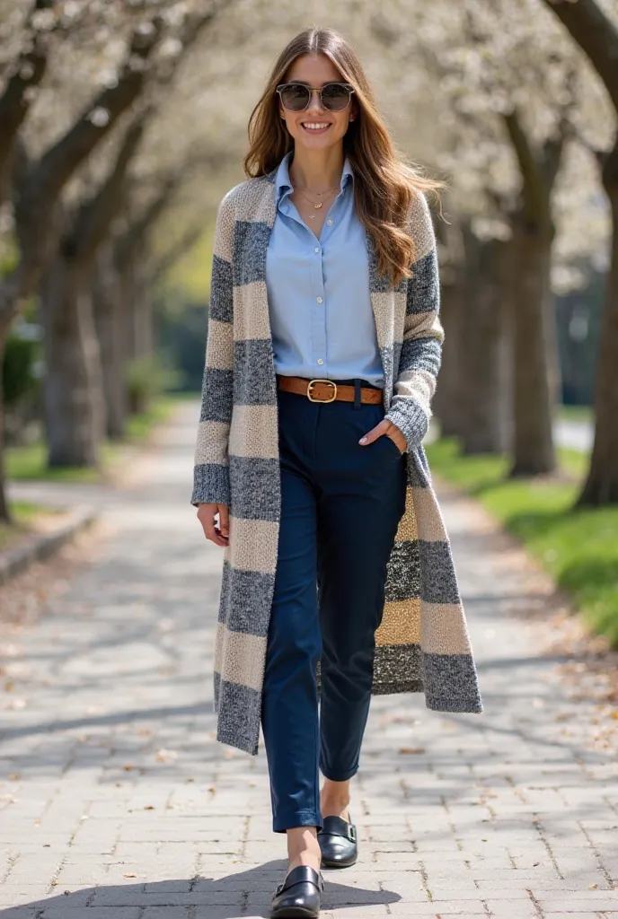 Arabic text to create the image (Prompt):**
"A long women's sweater striped in light blue, beige and black with one big button, worn over a soft sky shirt with an open collar. The pants are navy slim-fit with a light brown belt. The look is complete with b...