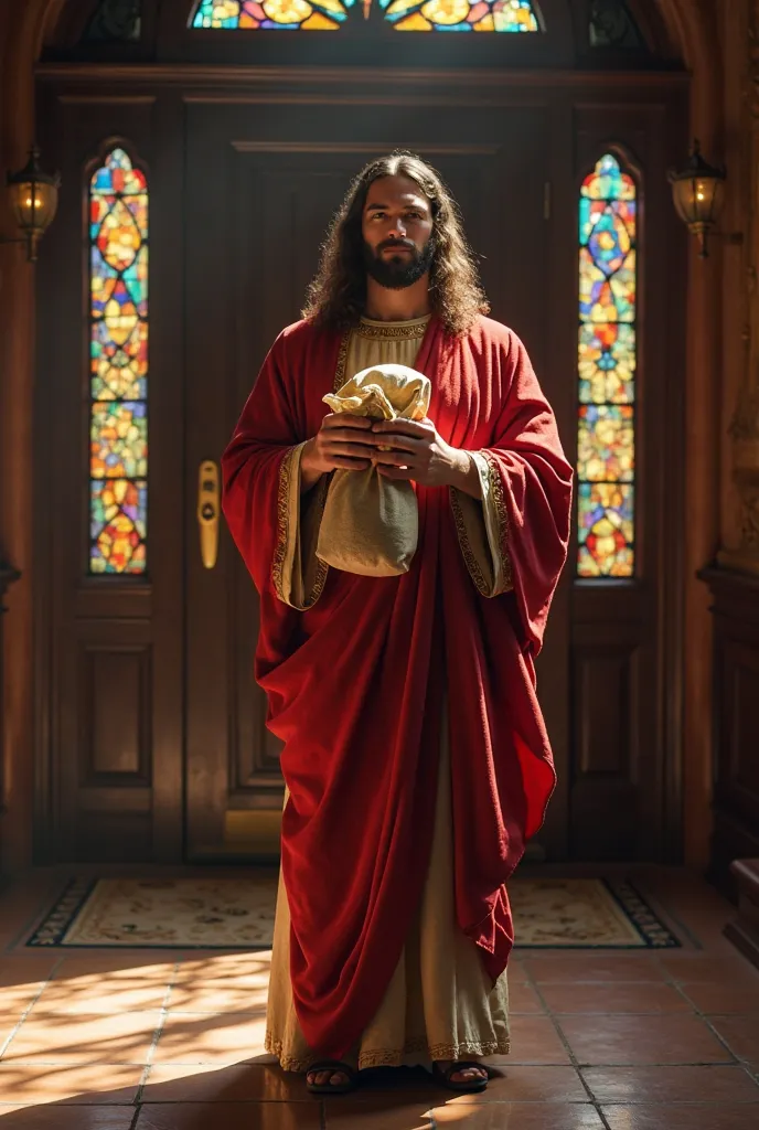 Jesus in red robe and gold robe, holding the money bag with both hands and looking directly at the camera. The entrance to the house is a dark wooden door, with colored stained glass windows and a soft light entering through the stained glass, casting colo...