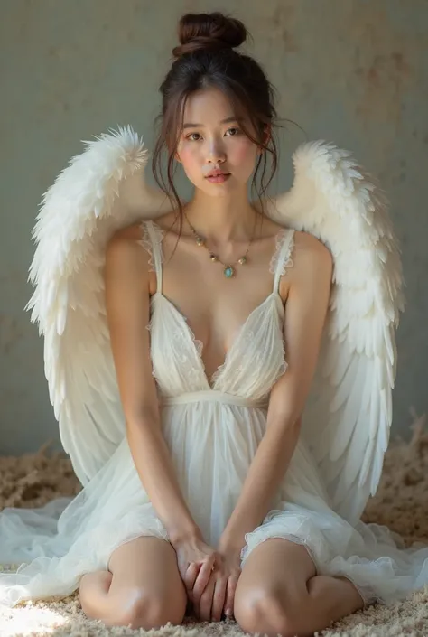 Young woman with big white wings sitting in a nice short dress showing her beautiful legs 
And her hair tied up in an elegant and beautiful bun, she looks at the camera with her serene look