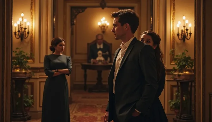 Create an image of Lucas and Sofia entering the lavish interior of the mansion, where the stern-looking housekeeper, Mary, stands with crossed arms, questioning his decision. Sofia, feeling intimidated, slightly hides behind