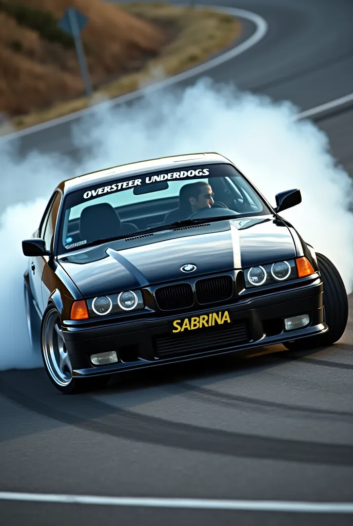 Make a black bmw e36 with chrome rims drift , in a black license plate with yellow letters write ( sabrina ) and on the front windshield written ( Oversteer Underdogs) in white bolt chrome Letters 