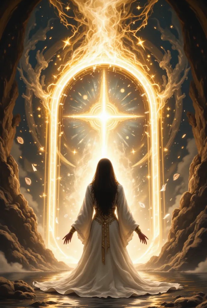  masterpiece, (Best Quality, create high resolution,4K, 8k),(realistic, photorealistic: 1.5),Logotype, ((((A Glowing Portal )))),doors begin to open、light overflows through gaps、Angel,prayer,peace,like,mercy,Illumination,Seven colors of light,Earth, water,...