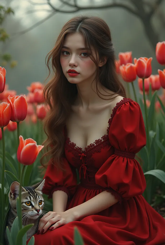 Girl with long hair and light brown hair,  black eyes, white skin and red lips. Next to a gray and white cat. Caring for a tulip garden. Medieval red dress. Dark Fantasy Anime Style