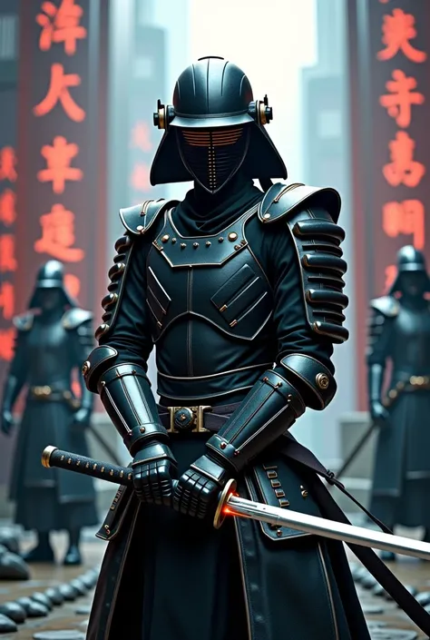 A high resolution portrait of a lean male cyberpunk kendo warrior looking at the viewer, wearing a cyberpunk version of a black (with red highlights) kendōgu (Sword Tools ) which includes: (1) black helmet with a full face visor that covers the entire face...