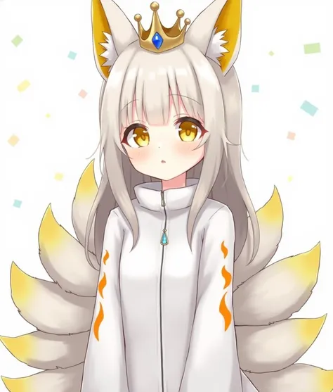  Draw a girl with warm grey hair,warm grey clothes,and 6 kitsune tails,yellow eyes,warm grey fox ears and yellow inner ear(ears turned to down),her clothes has some orange flame symbols on it,golden rings at her arms and legs,she is shy,draw anime style,he...