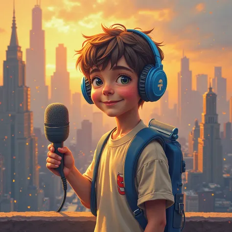 CREATE A MASCOT , STYLE A BOY IN THE HAND A MICROPHONE FROM A RADIO , ONE USING A HEADSET ON ONE SIDE THE FACEBOOK LOGO ON THE OTHER THE INSTAGRAM LOGO IN A CREATIVE SETTING A CITY IN THE BACKGROUND HALF BLURRY NEXT TO THE ATTRACTIVE CHRIST THE REDEEMER WO...