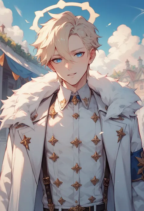 Anime angel boy drawing with slim build and fine features , blue eyes, white-skinned long blond hair , with long white coat
