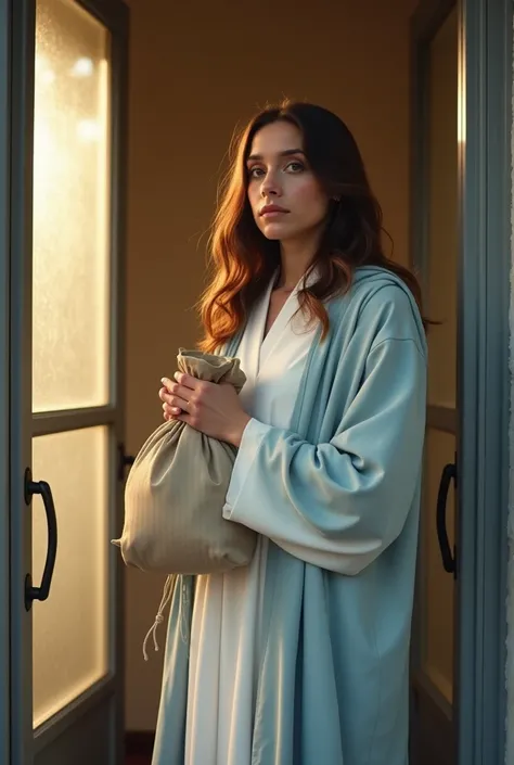 image of Jesus with white robe and light blue robe, with a calm expression as she holds the money bag and looks directly at the camera. The door of the house is a glass door, with the morning light filtering through it, creating a contrast between the warm...