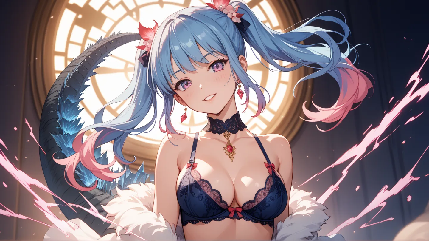  Anime style girl,  blue hair with 2 ponytails, pink locks, Breasts 34C, With Godzilla's tail,  lingerie, Chest out of bra