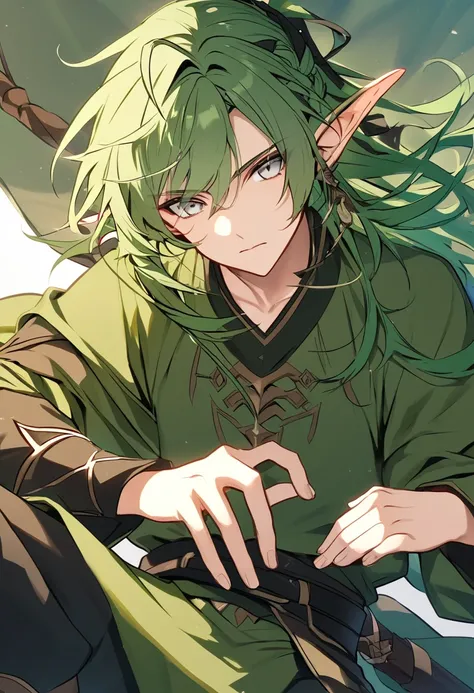 Male + green hair + gray eyes + half elf ears + green tunic + black trousers + solo