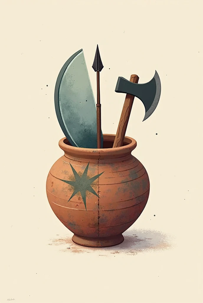 I want the creation of a logo, with a small mirror, an arrow, a two-bladed axe. Everything inside a clay pot