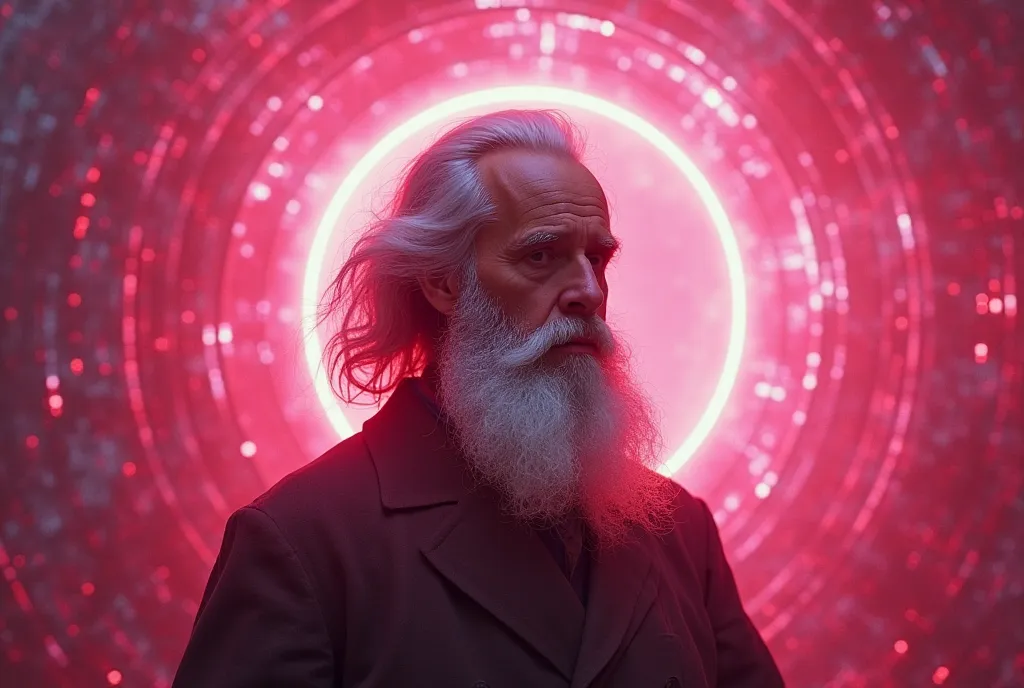 Make an image showing the face of James Clerk Maxwell in an epic and very legendary environment with pink colors that the environment has to do with Electromagnetic Theory, field of waves and electrons 