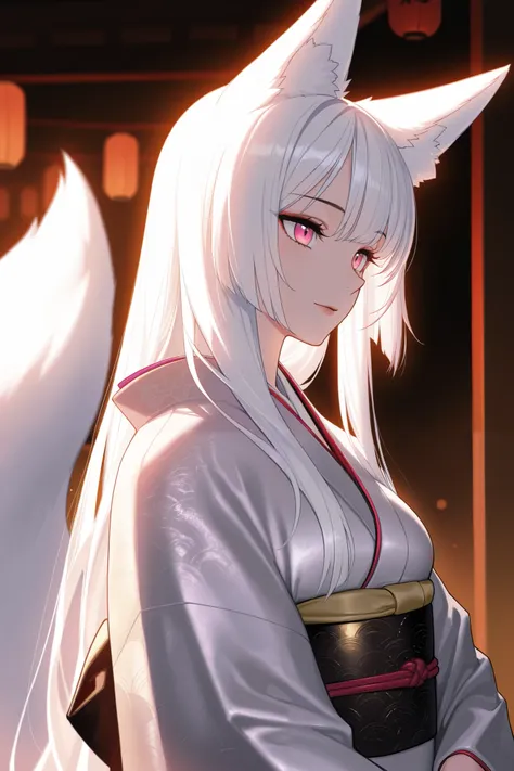 anime screencap, masterpiece, best quality, amazing quality, very aesthetic, newest, 1woman, solo, white hair, long hair, pink eyes, fox ears, fox tail, kimono, tall, highres