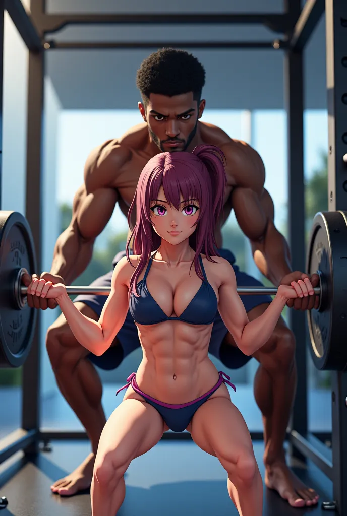 anime girl doing squats in gym with bikini, while black man is spotting her in his shorts, shirtkess