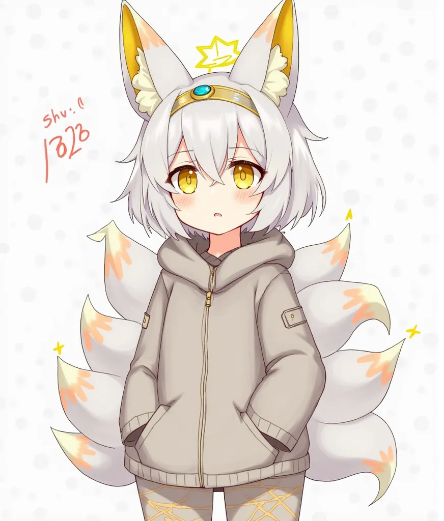  Draw a girl with warm grey hair,warm grey clothes,and 6 kitsune tails,yellow eyes,warm grey fox ears and yellow inner ear(ears turned to down),her clothes has some orange flame symbols on it,golden rings at her arms and legs,she is shy,draw anime style,he...