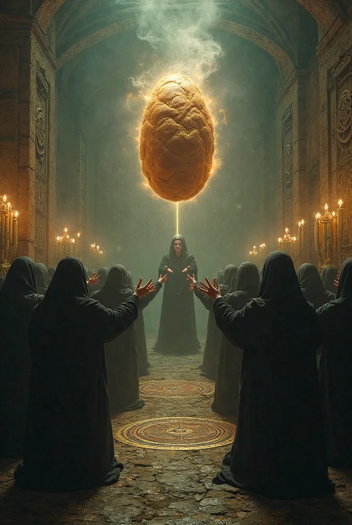 An image of a cult praising a sacred bread 