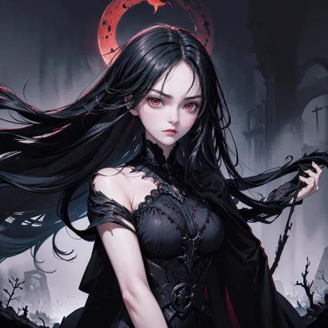 1girl, long black hair straight down, black blank eyes, wearing damaged dark witch dress, center, standing, shot from head to knee, angry face, most of her face is covered by hair and shadows, low light, bow head, dark hollow room with no light, UHD, 8K, U...