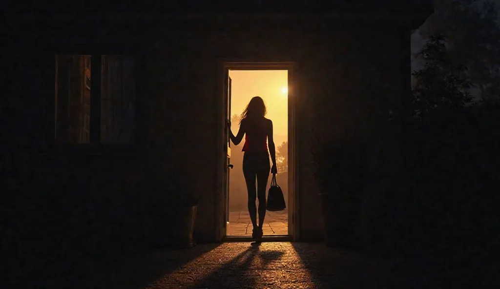 Woman walking out the door of a family home into the dark night. Her silhouette cut out against the warm light that comes from inside. Upright and determined posture,  with a bag in her hand . The path in front of her is dark but dimly illuminated by a dis...