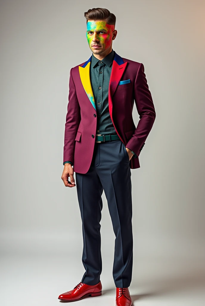  I need an image of a man with combed brown hair and white ethnicity. He wears a vibrantly colored mask that covers his entire face and he wears an elegant suit and dress pants and shoes, all colorful.