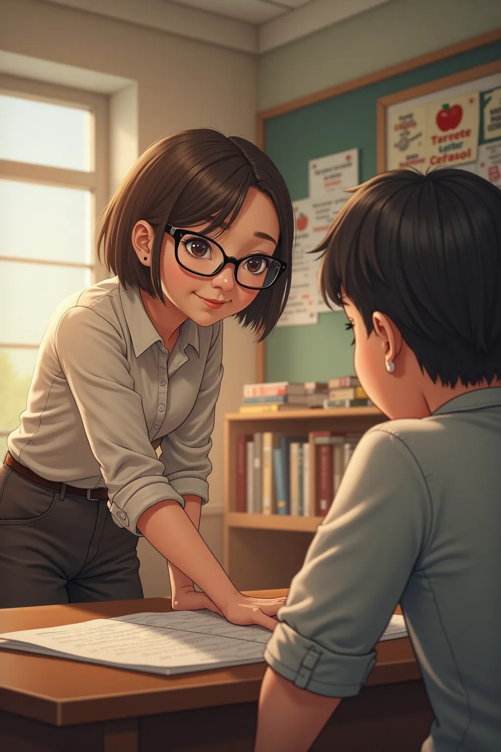  On the one hand, Nora,  a girl with short brown hair ( glasses around his shoulders) Short and with glasses teaching young ren