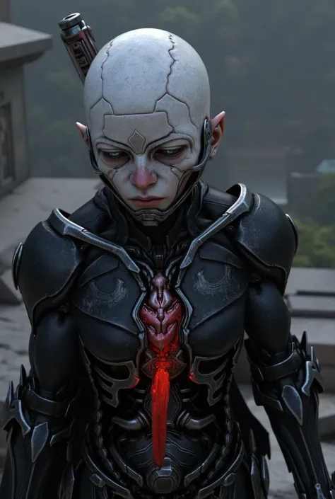 hairless boy wearing black aries armor, with a katana stuck in the heart with a red hilt, futuristic armor of an Aries knight