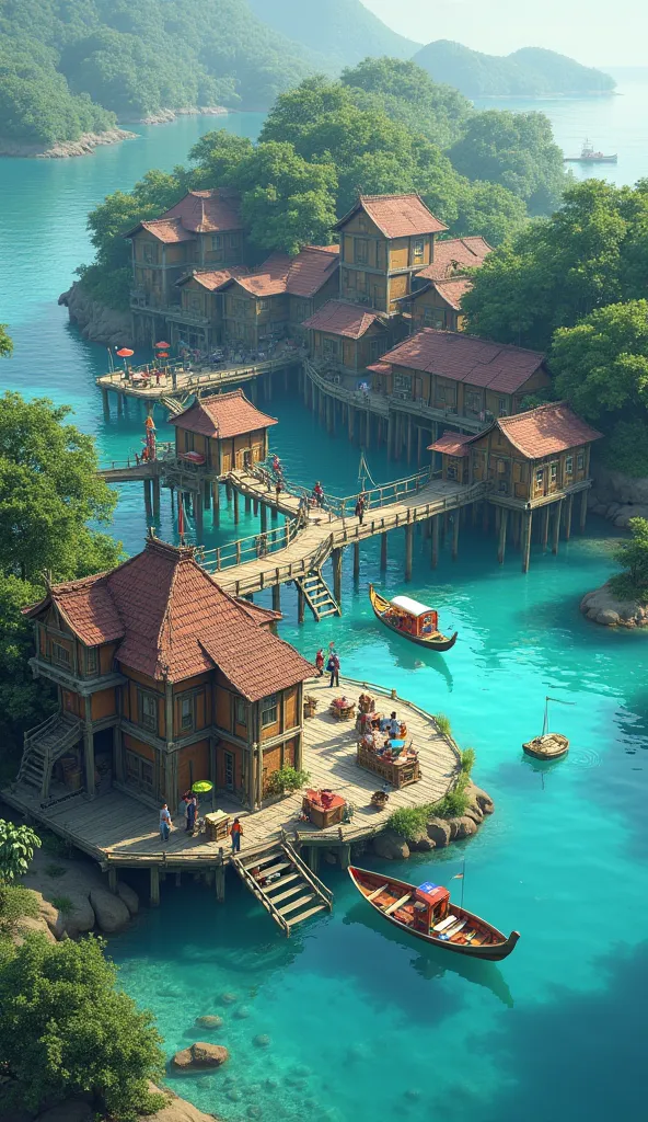 Town of stilts with plank houses on a clean and crystal clear light blue water 