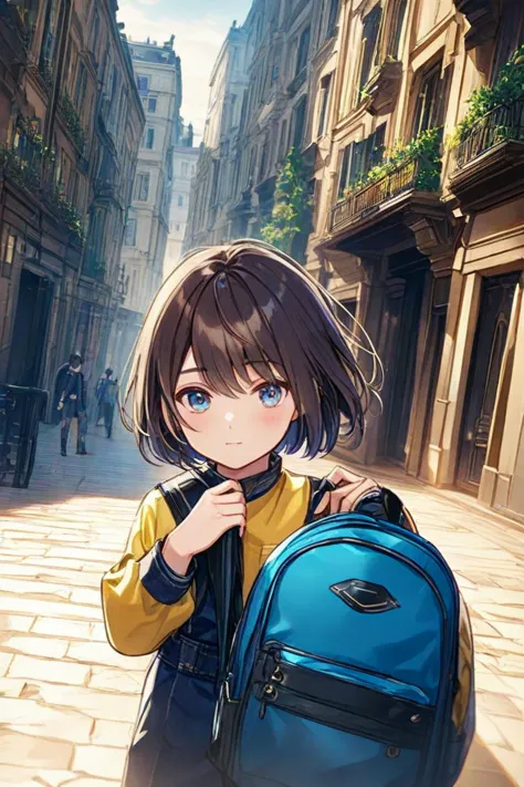 A young boy, French guy, brown hair, bob cut, and ultramarine blue eyes, goes to school